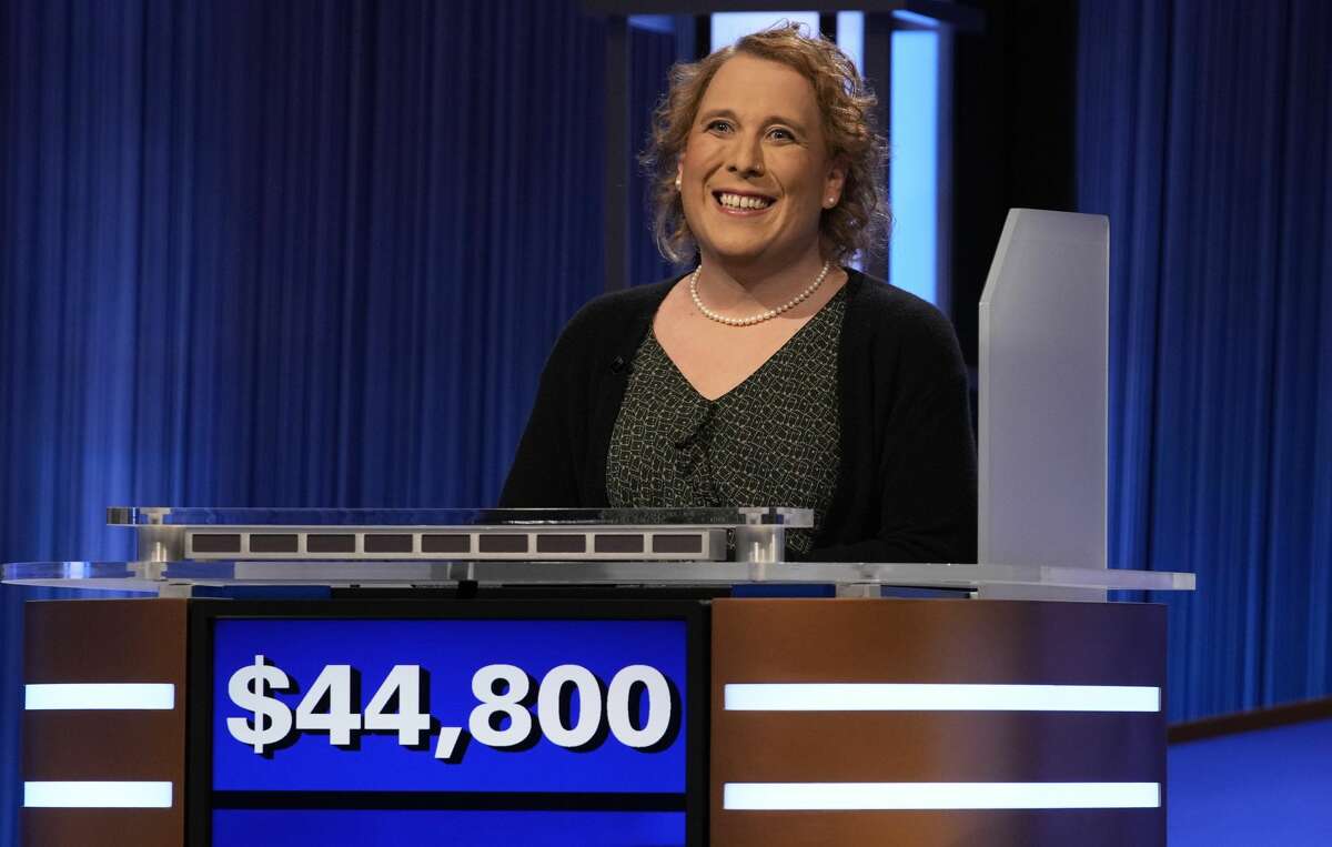 Amy Schneider on season 38 of "Jeopardy!" hosted by Ken Jennings.