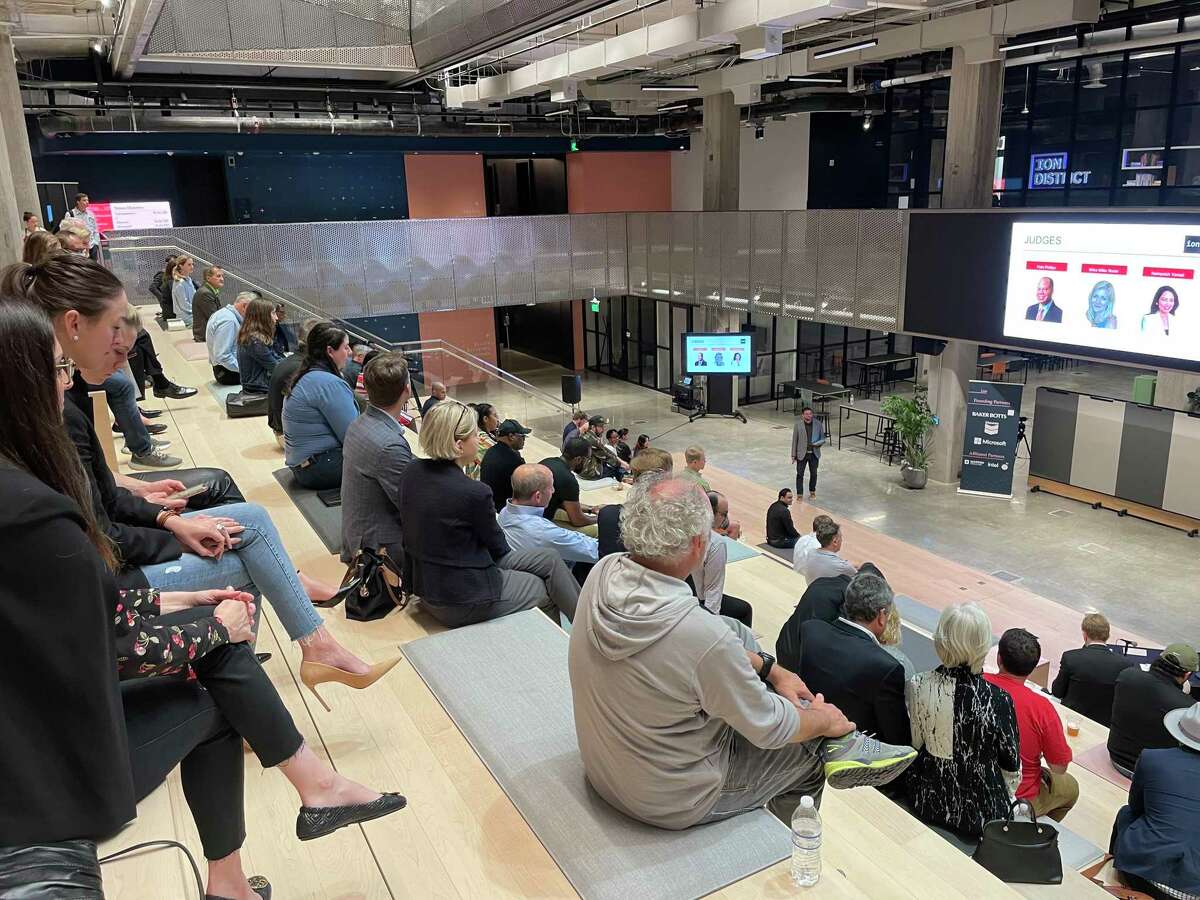 Onlookers watch has four companies present their pitches as part of the Ion’s inaugural Startup Showcase. The winner, cancer care company Ankr, received $10,000 and free legal services from Baker Botts.