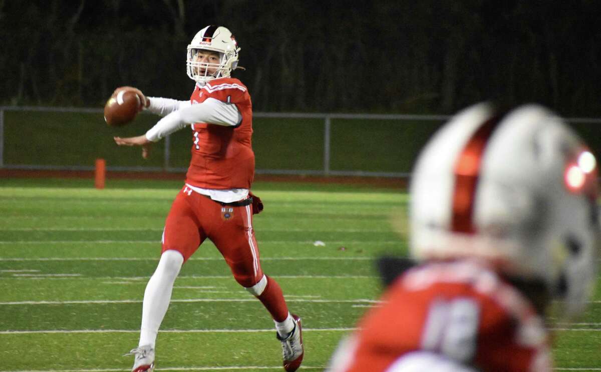 Fairfield Prep's Connor Smith throws a pass during a football game between Fairfield Prep and West Haven at Ken Strong Stadium, West Haven on Wednesday, Nov. 24, 2021.