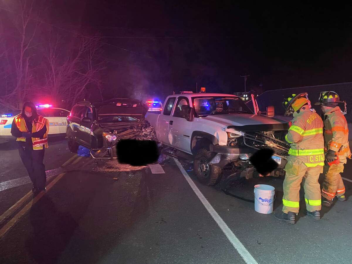 A two-vehicle collision in Brookfield, Conn., on Tuesday, Nov. 23, 2021. Editing to the license plates was not done by Hearst CT Media.