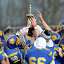 Brookfield players lift the Gavel-Swanson Trophy after Bethel and Brookfield high schools played their annual Thanksgiving Day football game. Thursday, November 25, 2021, at Brookfield High School, Brookfield, Conn.