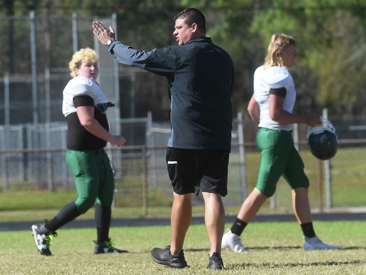 Coach Eric Peevey shouts instructions as Little Cypress-Mauriceville practices Tuesday morning and prepare for Friday's regional playoff against El Campo. Photo made Tuesday, November 23, 2021 Kim Brent/The Enterprise