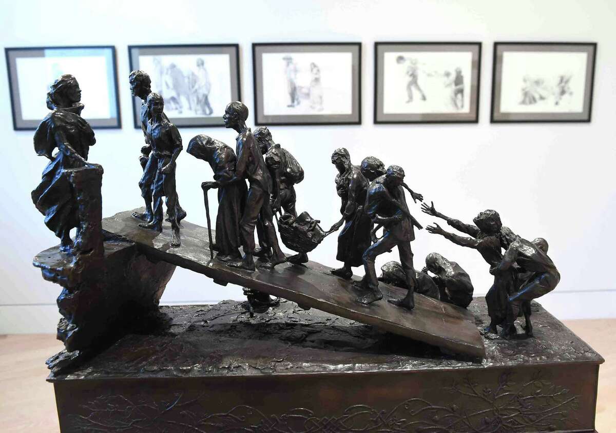 The sculpture “The Leave-Taking” by Margaret Lyster Chamberlain at Ireland’s Great Hunger Museum at Quinnipiac University in Hamden.