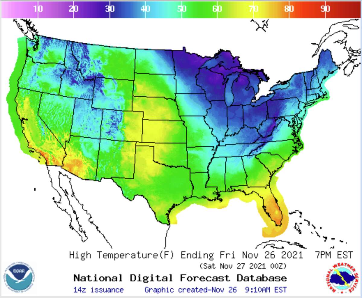The high weather forecast map from the National Weather Service and National Oceanic and Atmospheric Administration for Friday, Nov. 26, 2021 shows Michigan expecting colder temperatures.