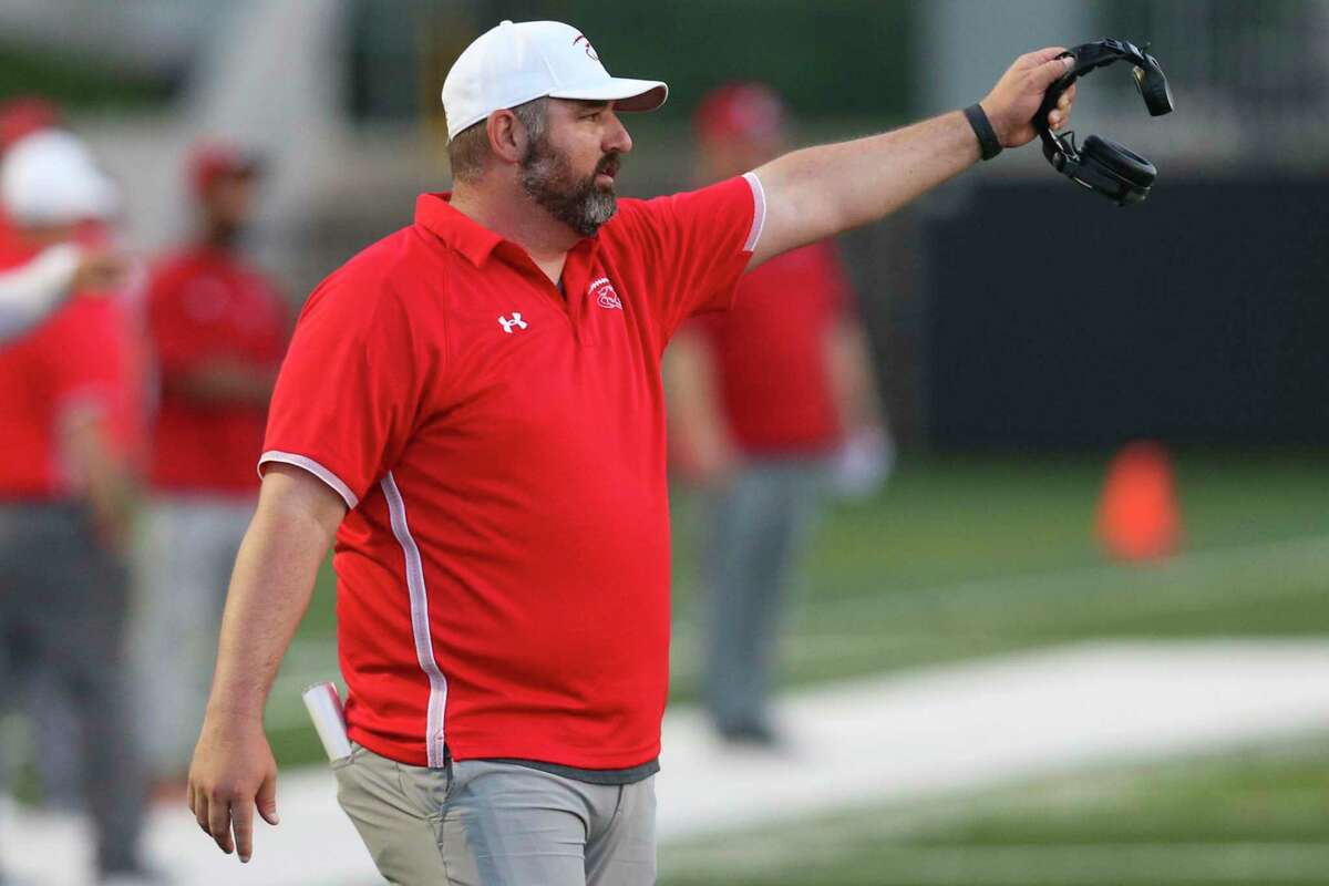 Crosby Cougars head coach Jerry Prieto argues a call as the Cougars play against the Manvel Mavericks in the first half on September 3, 2021 at Freedom Field in Rosharon, TX.
