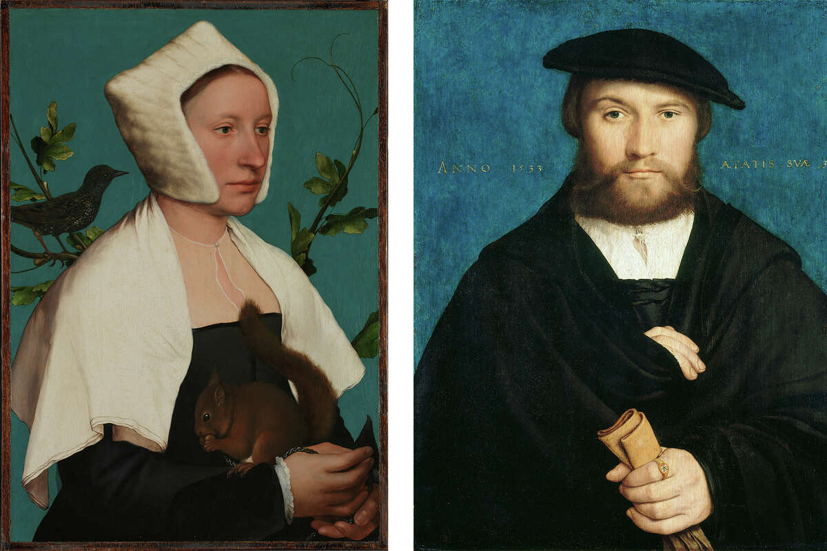 LEFT: "A Lady with a Squirrel and a Starling," about 1526-1528, Hans Holbein the Younger, oil on panel. RIGHT: "A Member of the Wedigh Family," 1533, Hans Holbein the Younger, oil on panel.