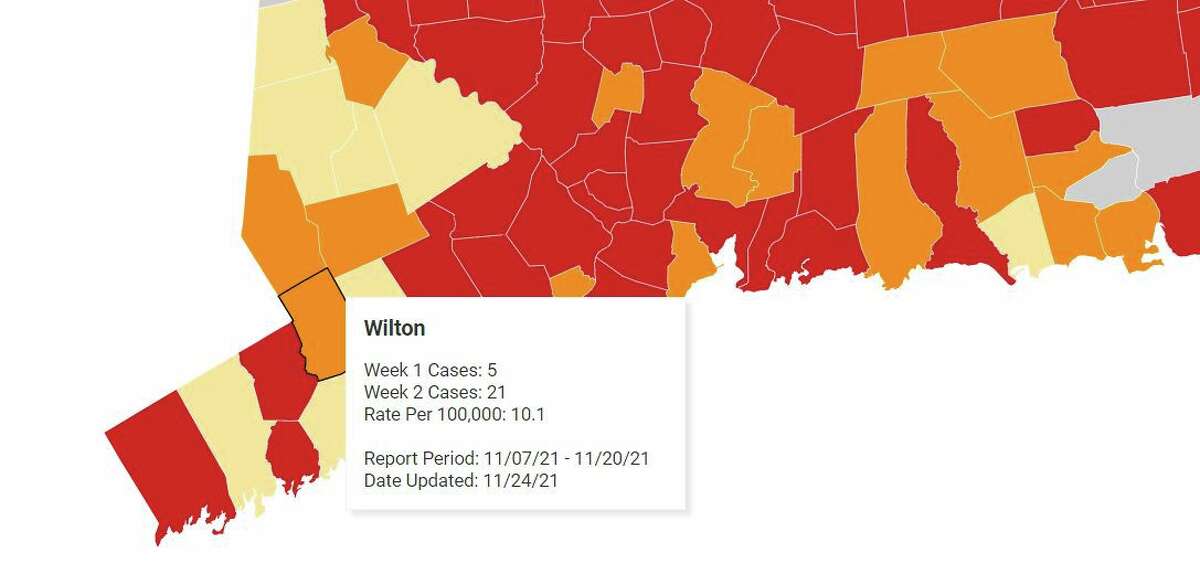 For the first time in weeks, Wilton no longer has received a "gray zone" status, signifying very low transmission for the week as reported by the CT Department of Public Health. COVID-19 cases more than quadrupled between the week beginning Nov. 7 and the week beginning Nov. 14.