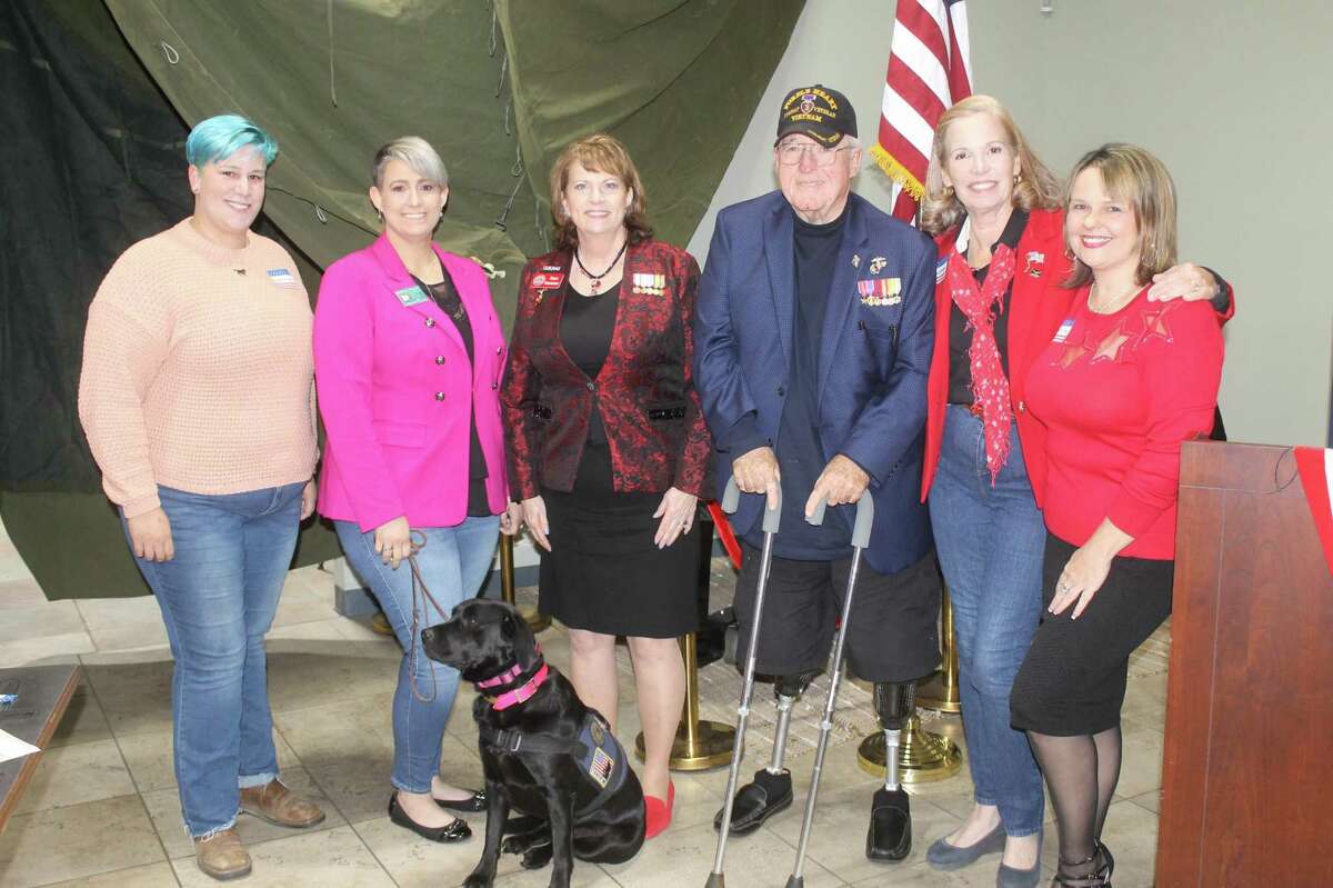 From left, Maureen Friedly, Marcey Phillips (and dog: Beignet), Sheri Hummer, Judge Jimmy Edwards, Connie McNabb and Brandie Lopez were recently honored by the Lake Conroe Area Republican Women.