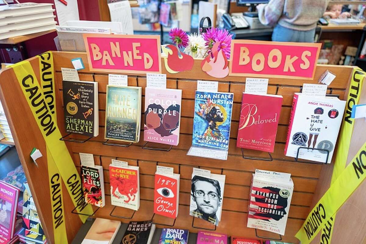 Display of banned or censored books at a bookstore.