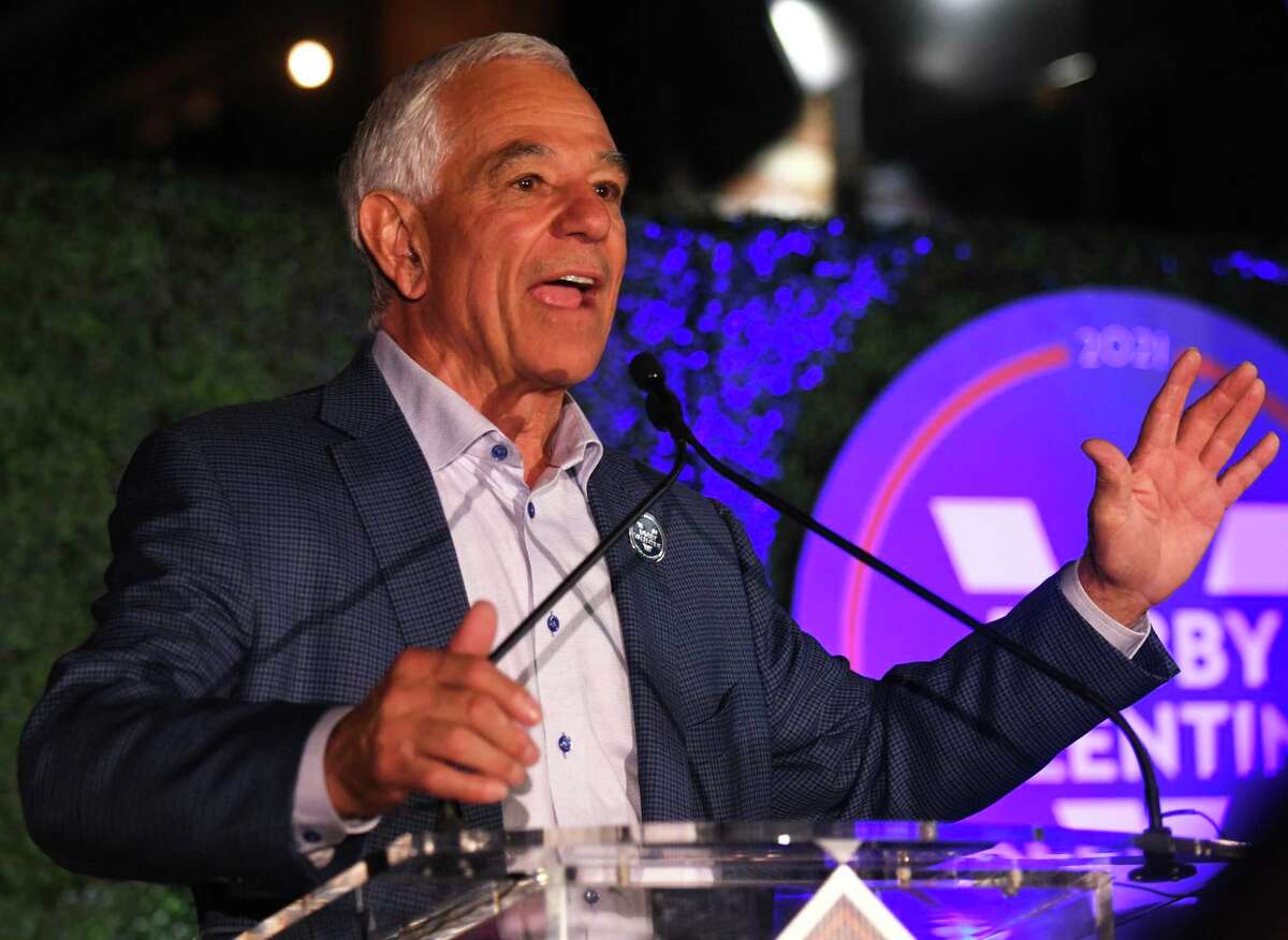 Bobby Valentine speaks to his supporters at the Bobby Valentine Election Night Event at The Village in Stamford, Conn. Tuesday, Nov. 2, 2021.