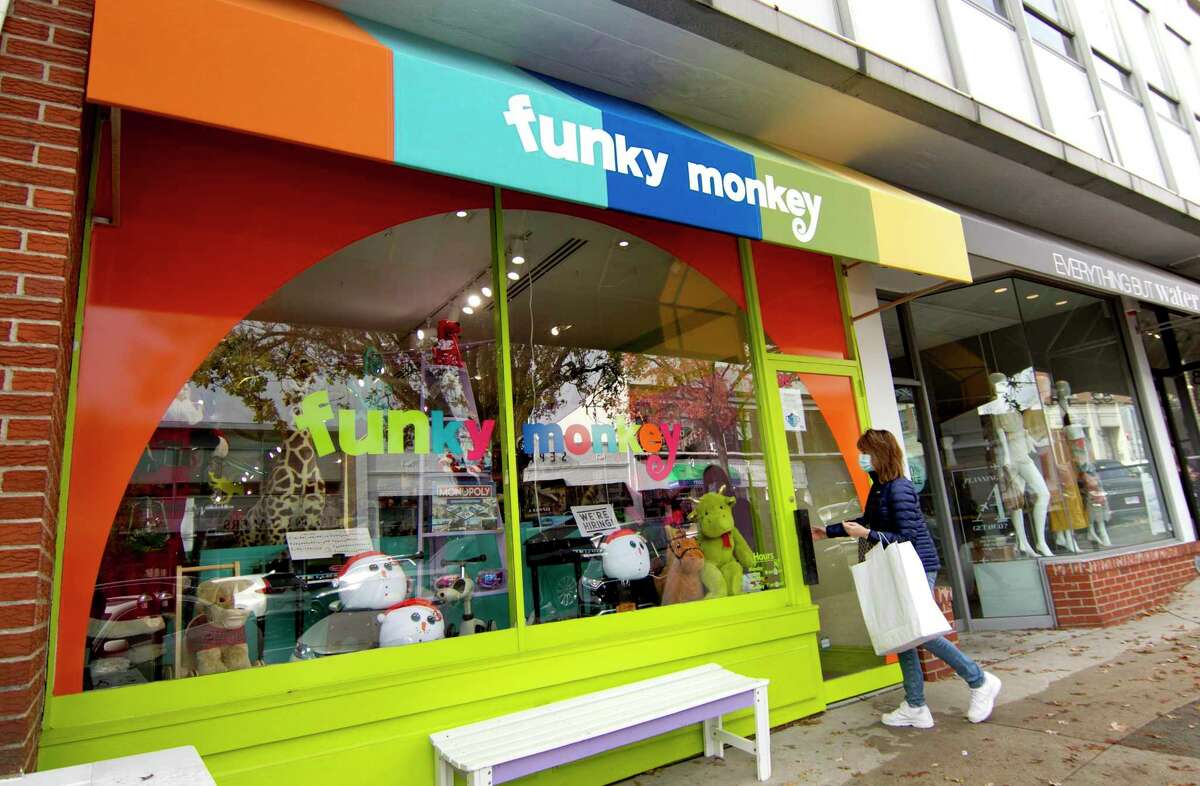 An exterior view of Funky Monkey toy store in Greenwich, Conn., on Friday November 26, 2021.