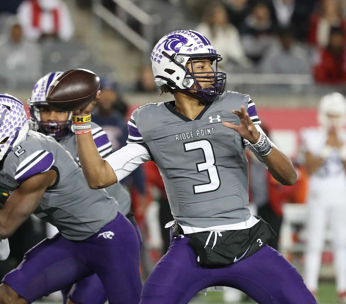 Ridge Point Panthers QB Bert Emanuel, Jr. (3) passes the ball during the first half of the Class 6A Division I regional semifinal game between Atascocita and Ridge Point high schools at TDECU Stadium, Friday, Nov. 26, 2021 in Houston.
