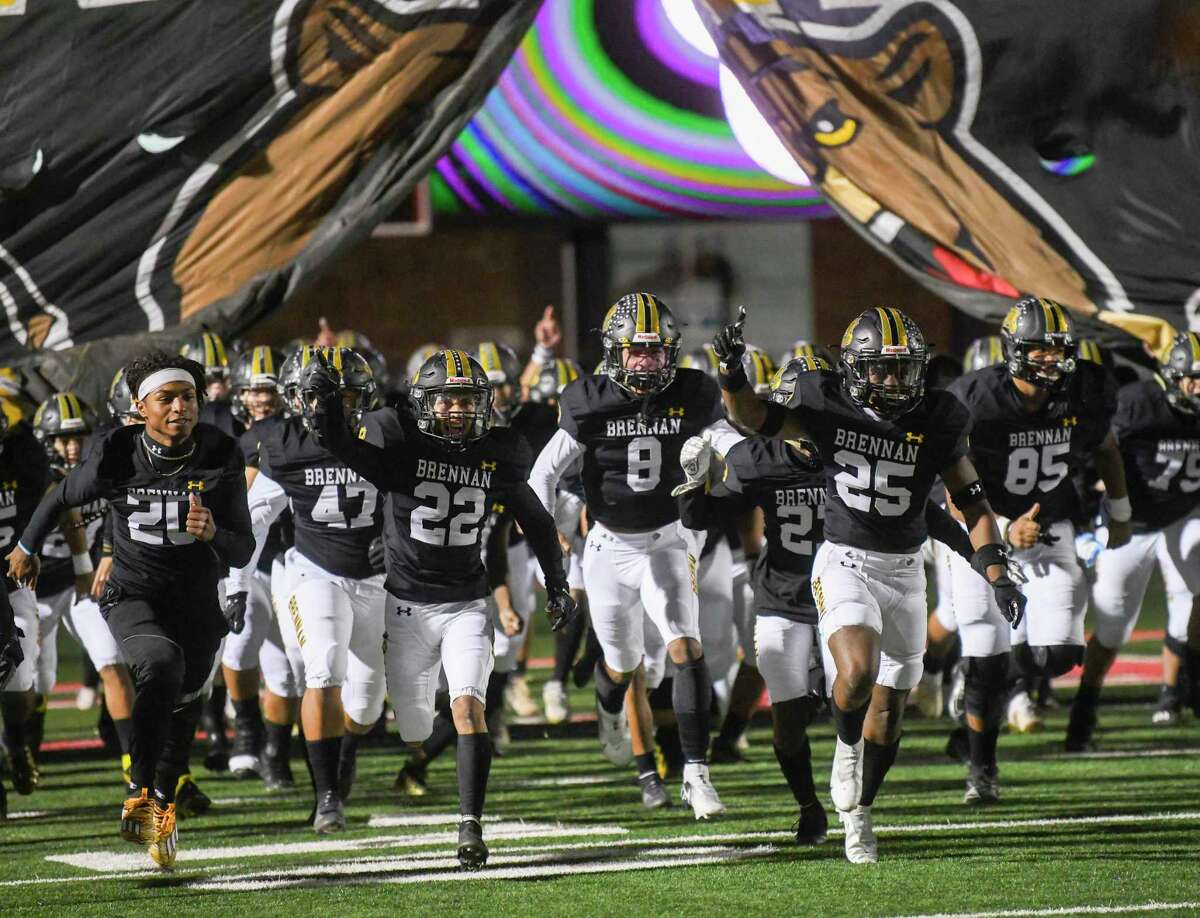 The Brennan Bears take the field for their Round 3 of high school playoffs action matchup against Austin Bowie in New Braunfels on Friday, Nov. 26, 2021. Brennan won, 59-36.