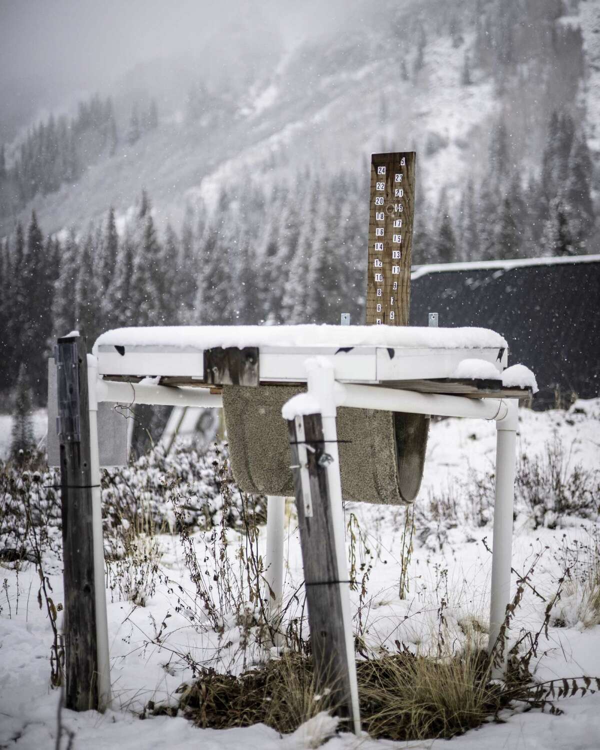 Weather monitoring equipment sits outside of Billy Barr's in Gothic, Colo., on Nov. 2, 2021.