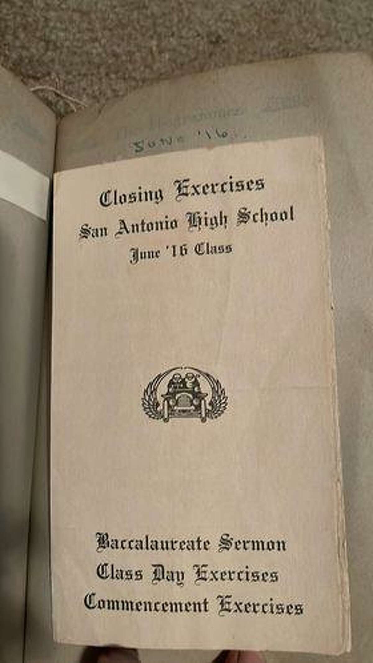Isabel Wefing saved mementos from her high school years on her diary pages, including the program for the June 1916 commencement exercises of San Antonio High School. She used her education to become a typist for the federal government
