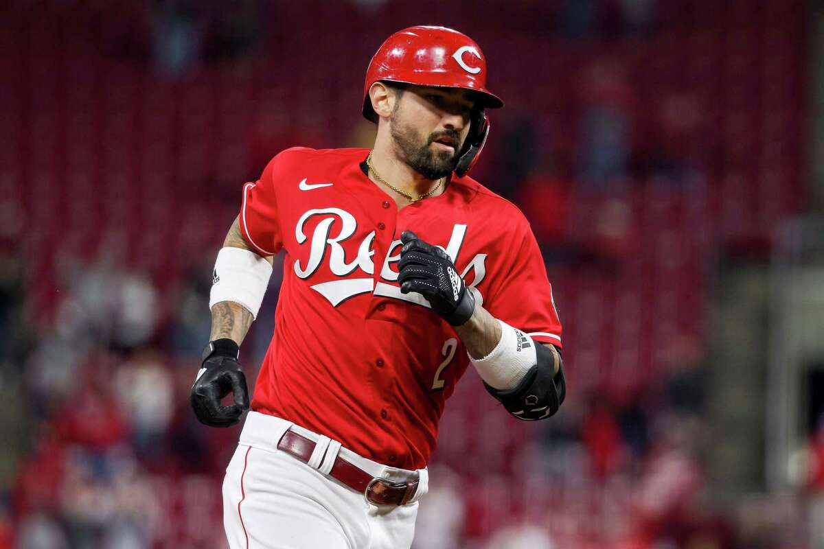 CINCINNATI, OHIO - SEPTEMBER 25: Nick Castellanos #2 of the Cincinnati Reds rounds the bases after hitting a walk-off home run in the ninth inning to beat the Washington Nationals 7-6 at Great American Ball Park on September 25, 2021 in Cincinnati, Ohio. (Photo by Dylan Buell/Getty Images)