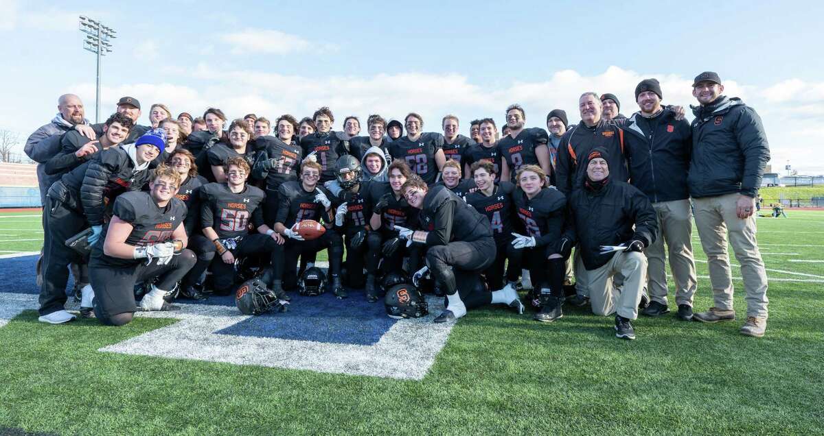 The Schuylerville football team after beating Dobbs Ferry in the Class C state semifinals at Middletown High School on Saturday, Nov. 27, 2021. (Jim Franco/Special to the Times Union)
