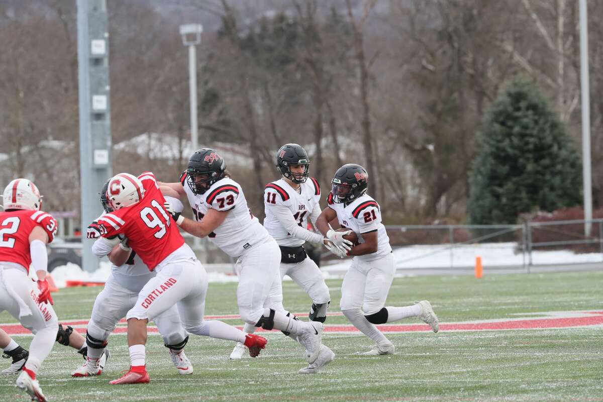 RPI quarterback George Marinopoulos hands off to Dylan Burnett against SUNY Cortland in the Engineers' victory in the second round of the NCAA Tournament on Saturday, Nov. 27, 2021, at SUNY Cortland.