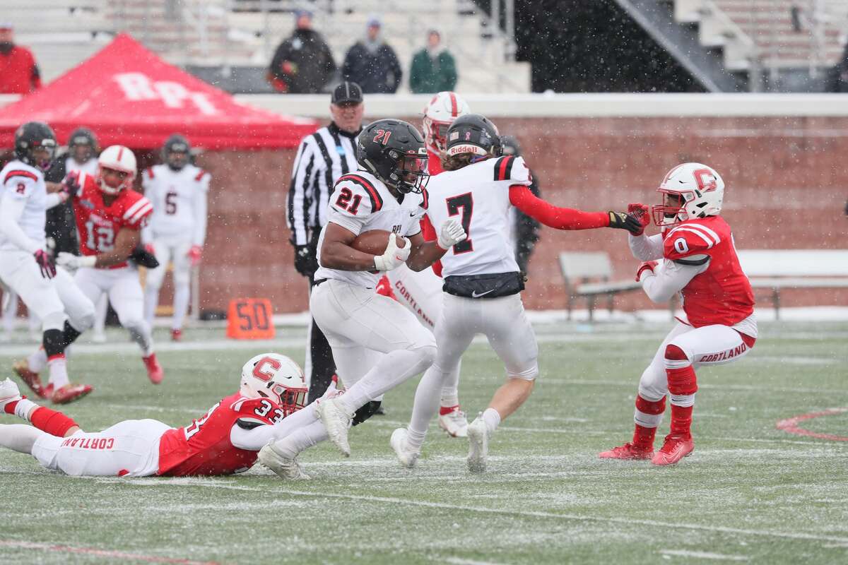 RPI's Dylan Burnett picks up yardage against SUNY Cortland in the Engineers' victory in the second round of the NCAA Tournament on Saturday, Nov. 27, 2021, at SUNY Cortland.