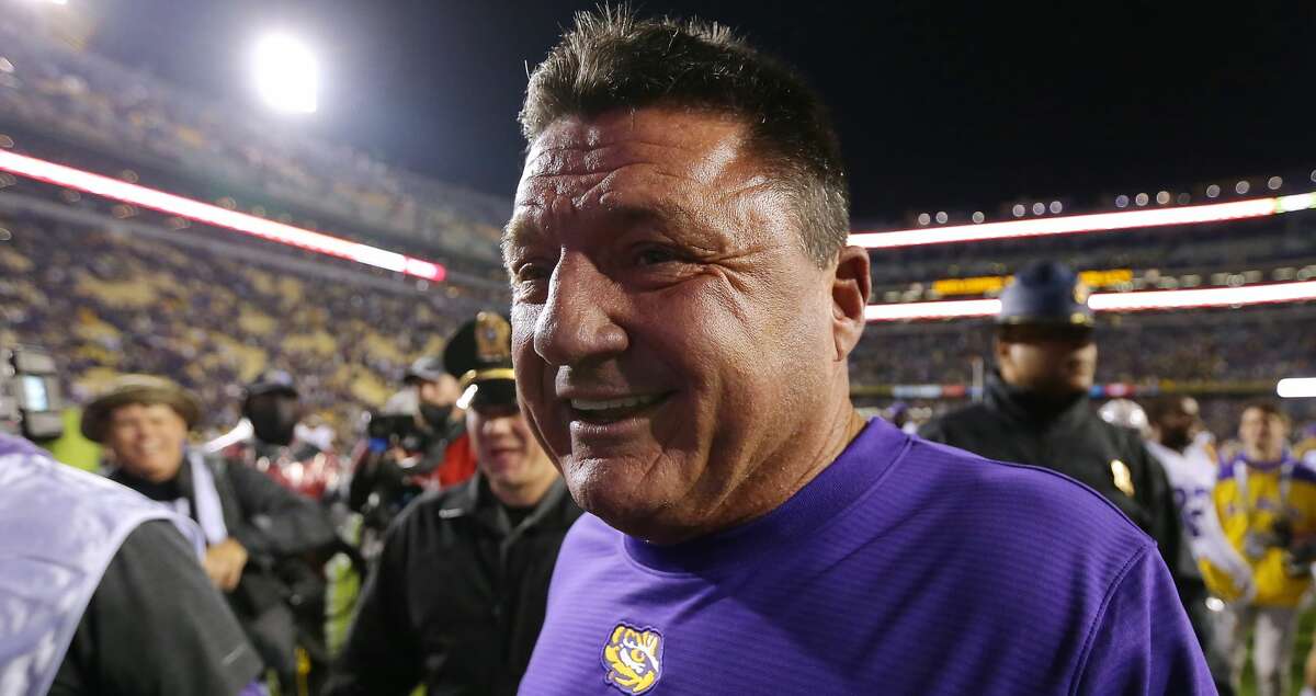 Head coach Ed Orgeron of the LSU Tigers celebrates a win over the Texas A&M Aggies after a game at Tiger Stadium on November 27, 2021 in Baton Rouge, Louisiana. (Photo by Jonathan Bachman/Getty Images)