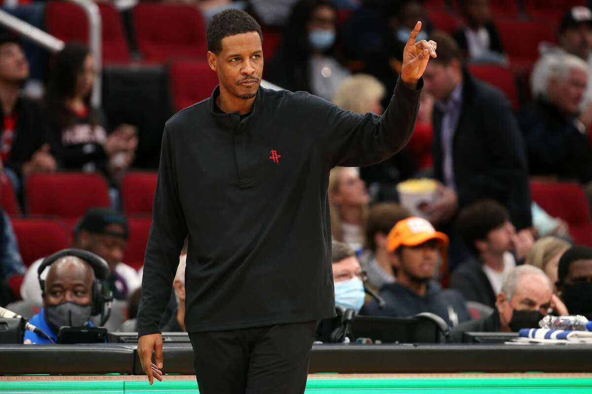Houston Rockets head coach Stephen Silas calls a play during the first quarter of an NBA basketball game Saturday, Nov. 27, 2021, in Houston.