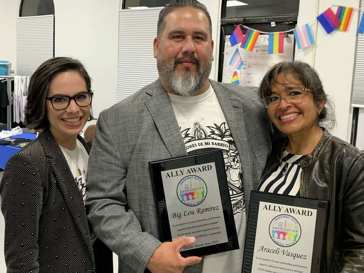 Big Lou Ramirez (middle) and Araceli Vasquez (right), were honored with a Gateway City Pride Association Ally Award for their outstanding performance, superior dedication and positive attitudes toward the local LGBTQ+ community and assistance with the mission of Gateway City Pride Association. Alyssa Cigarroa (left), City of Laredo City Council Member for District 8, was also recognized as the Gateway City Pride Association Lifetime Honoree this past July.