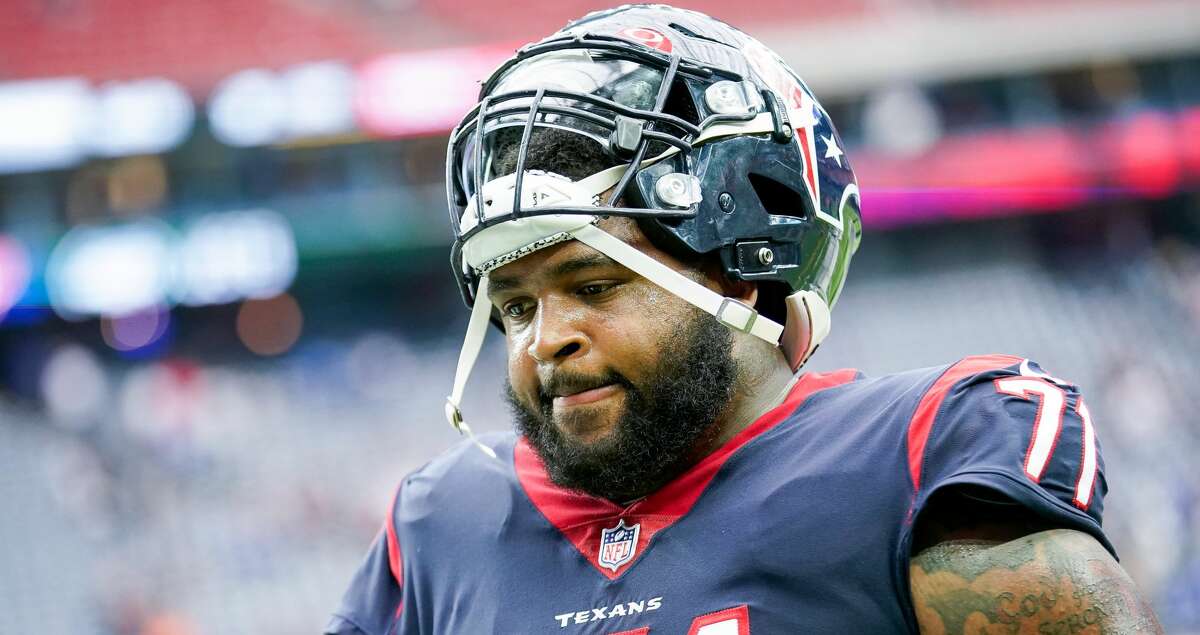 Houston Texans guard Tytus Howard (71) walks off the field, following the Texans 38-22 loss against the Los Angeles Rams at NRG Stadium on Sunday, Oct. 31, 2021, in Houston.