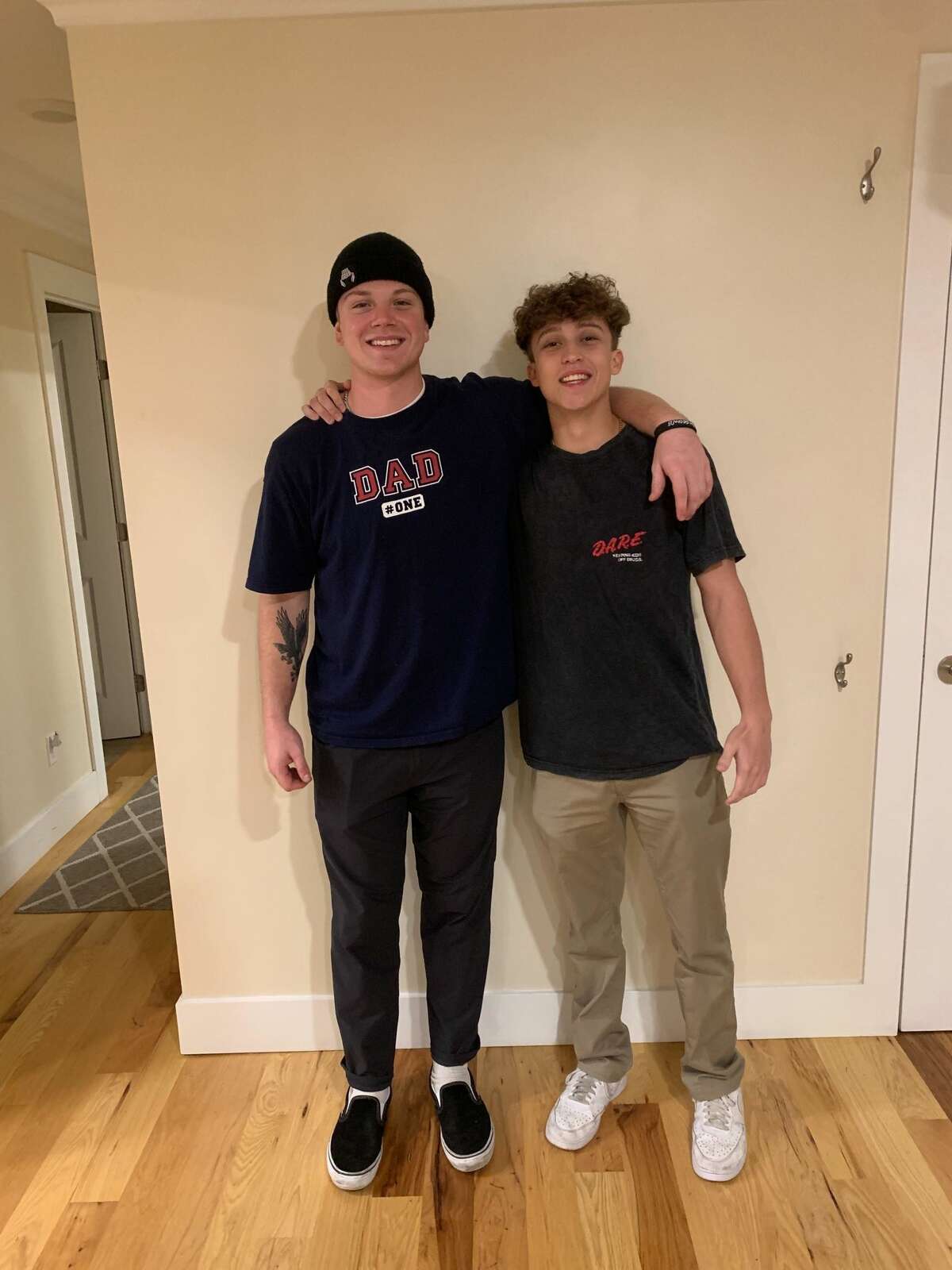49ers fans Christian Coelho, left, and Luke Doe, right, who got matching "Trey Area" tattoos before the 2021 NFL season.