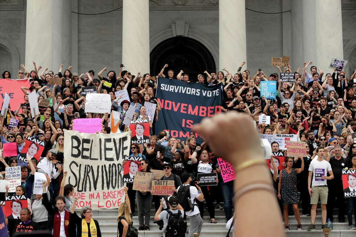 Hundreds of protesters occupy the center steps of the East Front of the U.S. Capitol after breaking through barricades to demonstrate against the confirmation of Supreme Court nominee Judge Brett Kavanaugh October 06, 2018 in Washington, DC. The Senate is scheduled to vote on Kavanaugh's confirmation later in the day.