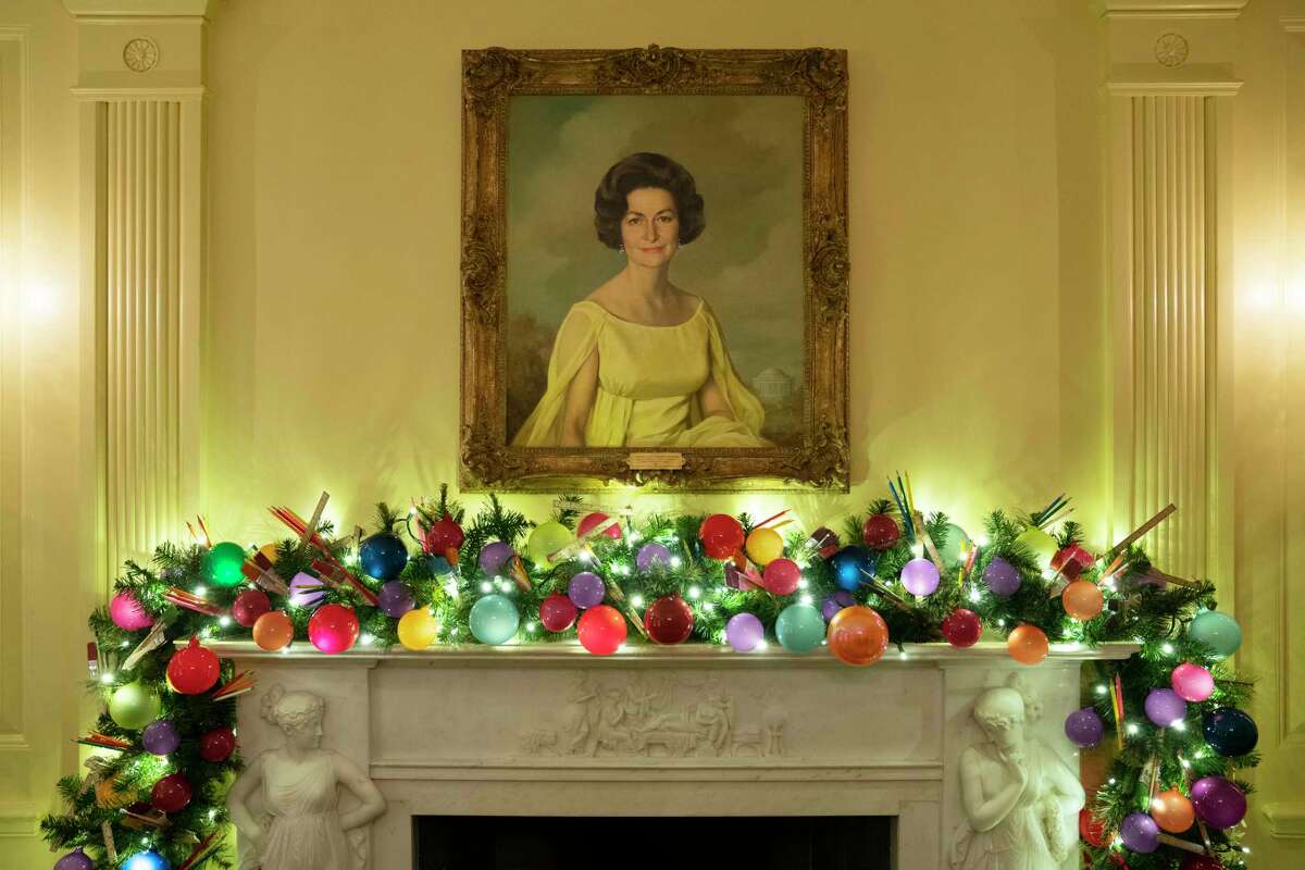 A portrait of first lady Claudia "Lady Bird" Johnson in the Vermeil Room of the White House during a press preview of the White House holiday decorations, Monday, Nov. 29, 2021, in Washington.