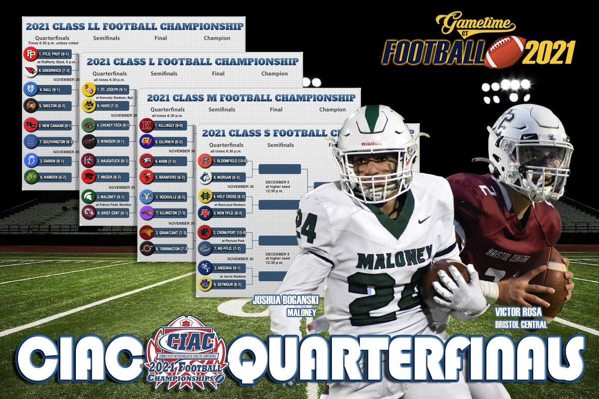 The 2021 CIAC Football Quarterfinals begin Tuesday, Nov. 30. Pictured with the four tournament brackets are Maloney's Josh Boganski (left0 and Bristol Central's Victor Rosa, whose teams face off in a CCC Class L battle at Meriden's Falcon Field.