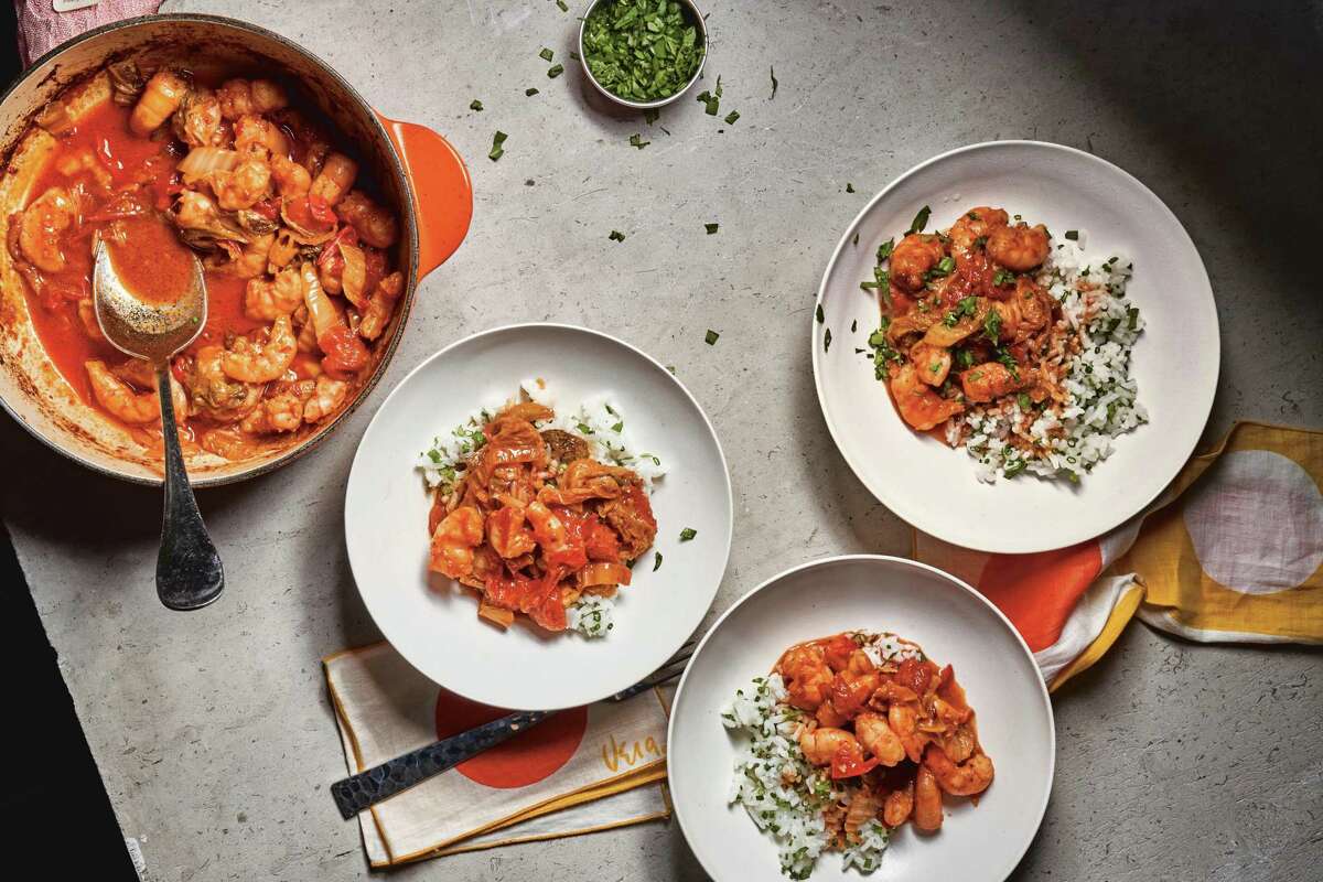 Herbed rice with shrimpy kimchi tomato sauce from "That Sounds So Good" by Carla Lalli Music.