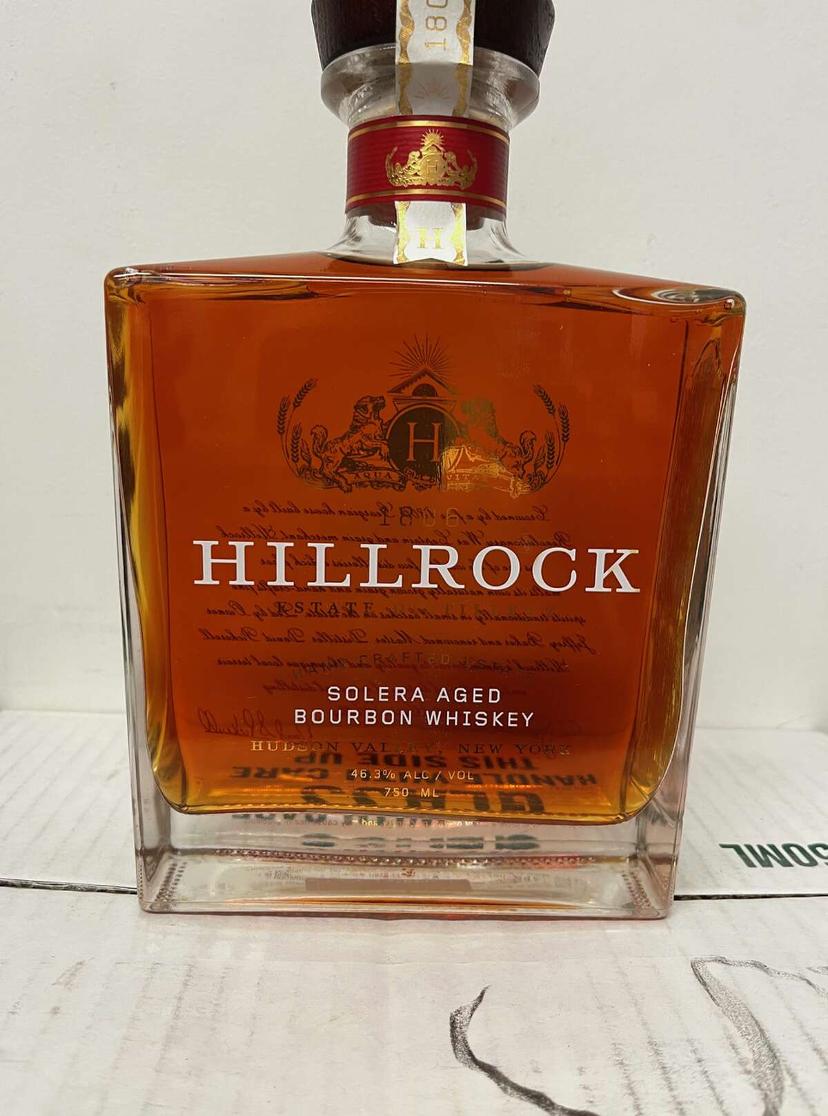 Special-edition bottles of Hillrock Distillery, Hudson Valley, Solera-Aged Bourbon from Harbor Point Wines and Spirits that have been signed by master-distiller Dave Pickerell.