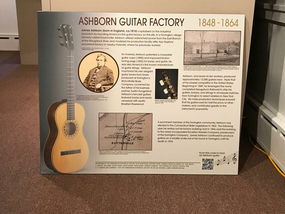 An interactive sign marking the location of the former James Ashborn guitar factory was installed in July 2020 in Torrington.