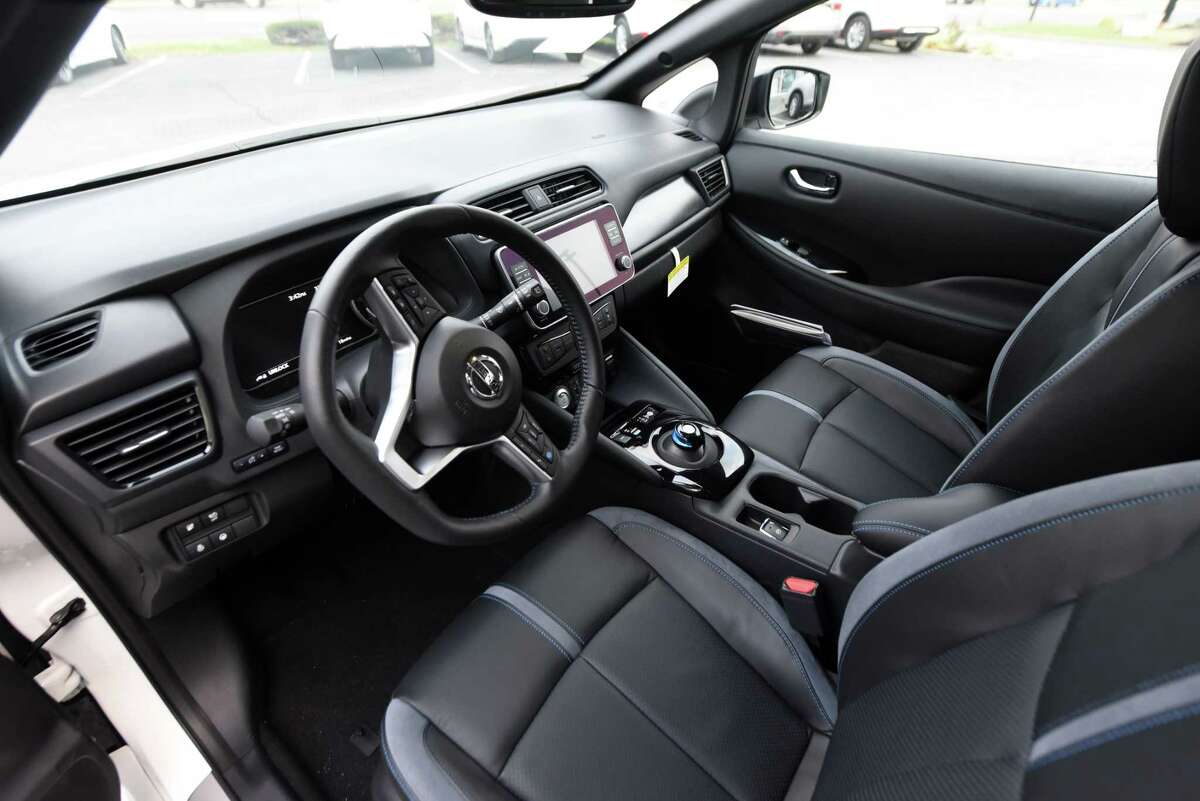 Inside a 2021 Nissan LEAF electric car on Monday, Nov. 29, 2021, at Destination Nissan in Albany, N.Y.