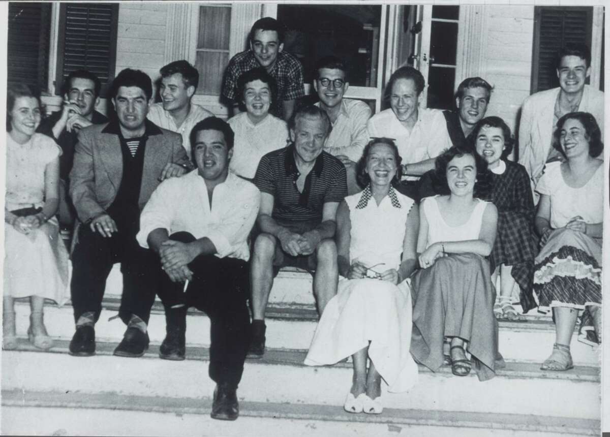 Stephen Sondheim - Apprentice - In 1950, Front, from left: Frank Perry, Dennis King, Gertrude Lawrence, Prudence Truesdell. Second row, from left: Dorothy Herr, King Sinanian, Peg Henry, Mary Rodgers (daughter of Richard). Third row, from left: Chase Soltez, Neal Wilder, Phoebe Hopkins, Sam Willson, Hal Stone, Conard Fowkes, Chilton Ryan. Back row: Stephen Sondheim.