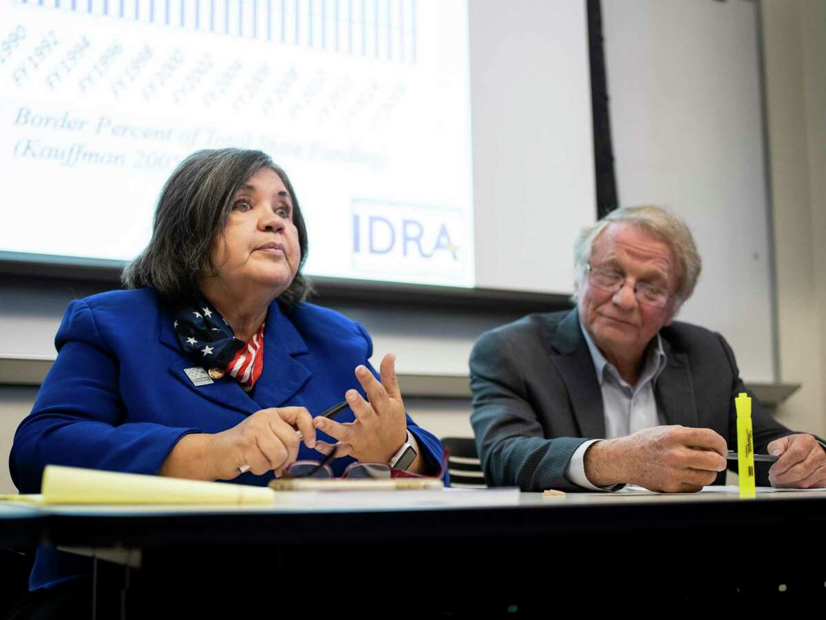 Norma Cant?“, JD, professor at University of Texas at Austin and former U.S. Assistant Secretary of Education for Civil Rights, left, speaks during a panel discussion alongside Albert Kauffman, JD, professor of Law at St. Mary's University and former Mexican American Legal Defense and Educational Fund counsel, at Our Lady of the Lake University during a conference celebrating 50 years since the 1968 U.S. Commission on Civil Rights hearing at the school, on Friday, November 16, 2018.