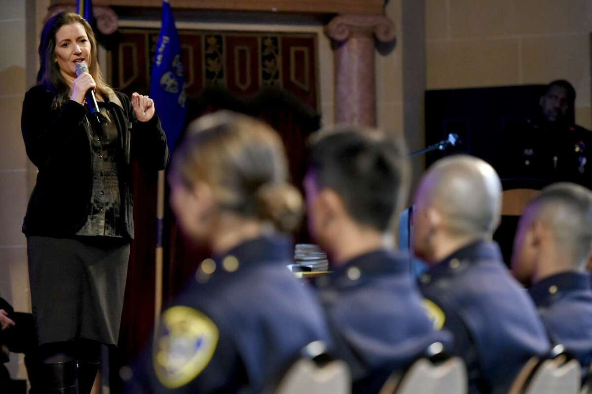 Oakland Mayor Libby Schaaf addresses the attendees at the Oakland Police Department’s 183rd basic recruit academy graduation in February 2020.