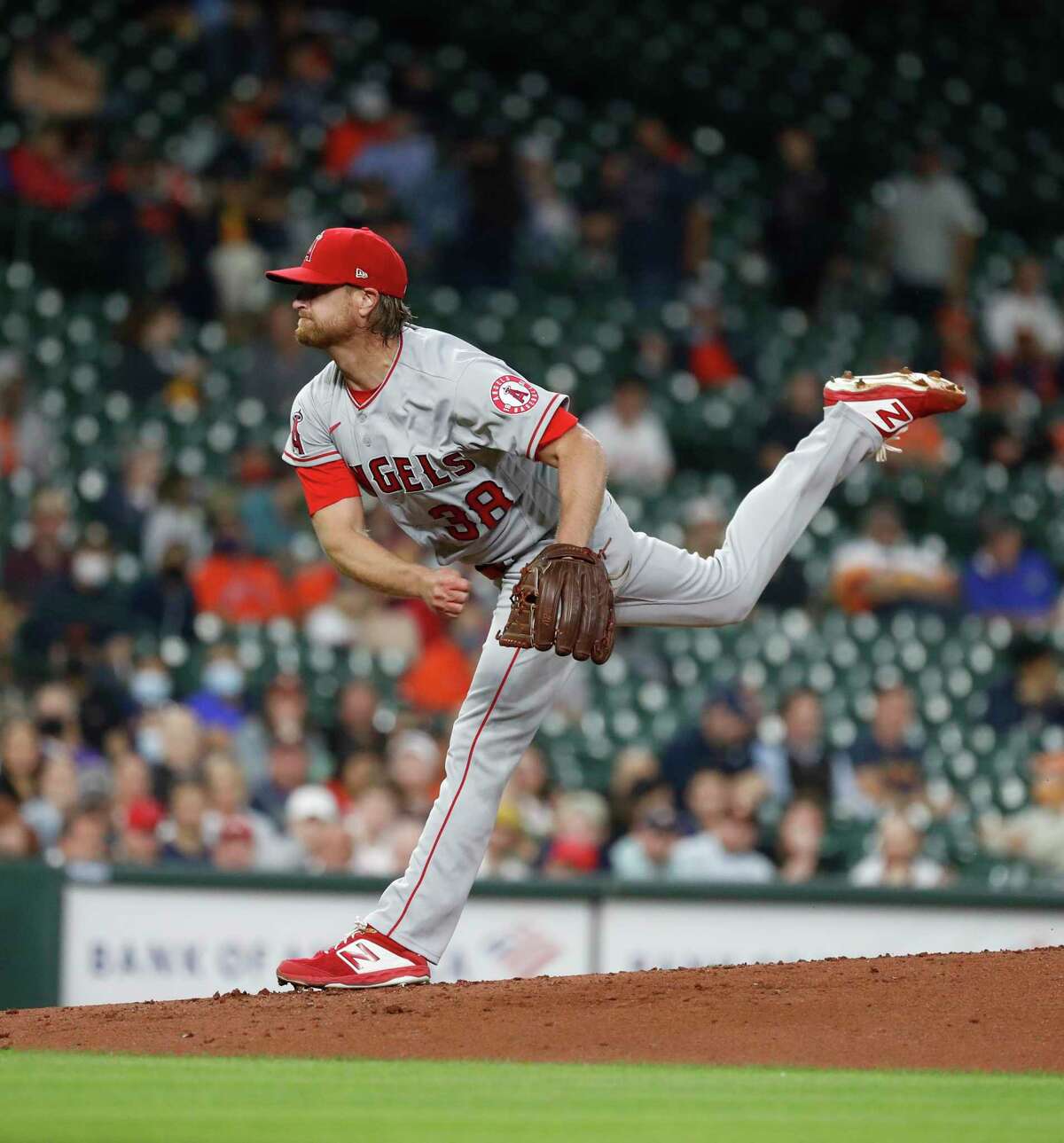 Los Angeles Angels starting pitcher Alex Cobb (38) pitches during the first inning of an MLB baseball game at Minute Maid Park, Thursday, April 22, 2021, in Houston.