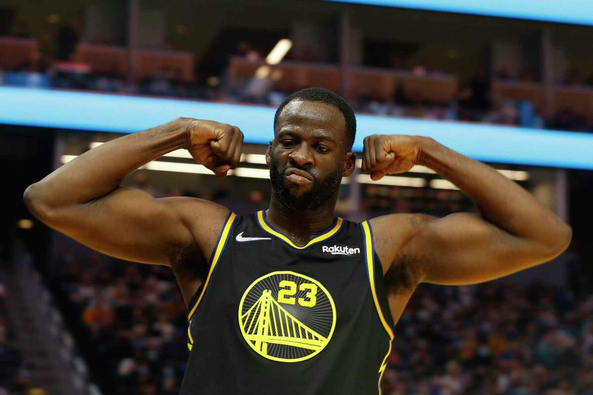 Golden State Warriors forward Draymond Green gestures after making a basket during the second quarter of his NBA basketball game against Portland Trail Blazers in San Francisco, Calif. Friday, Nov. 26, 2021.