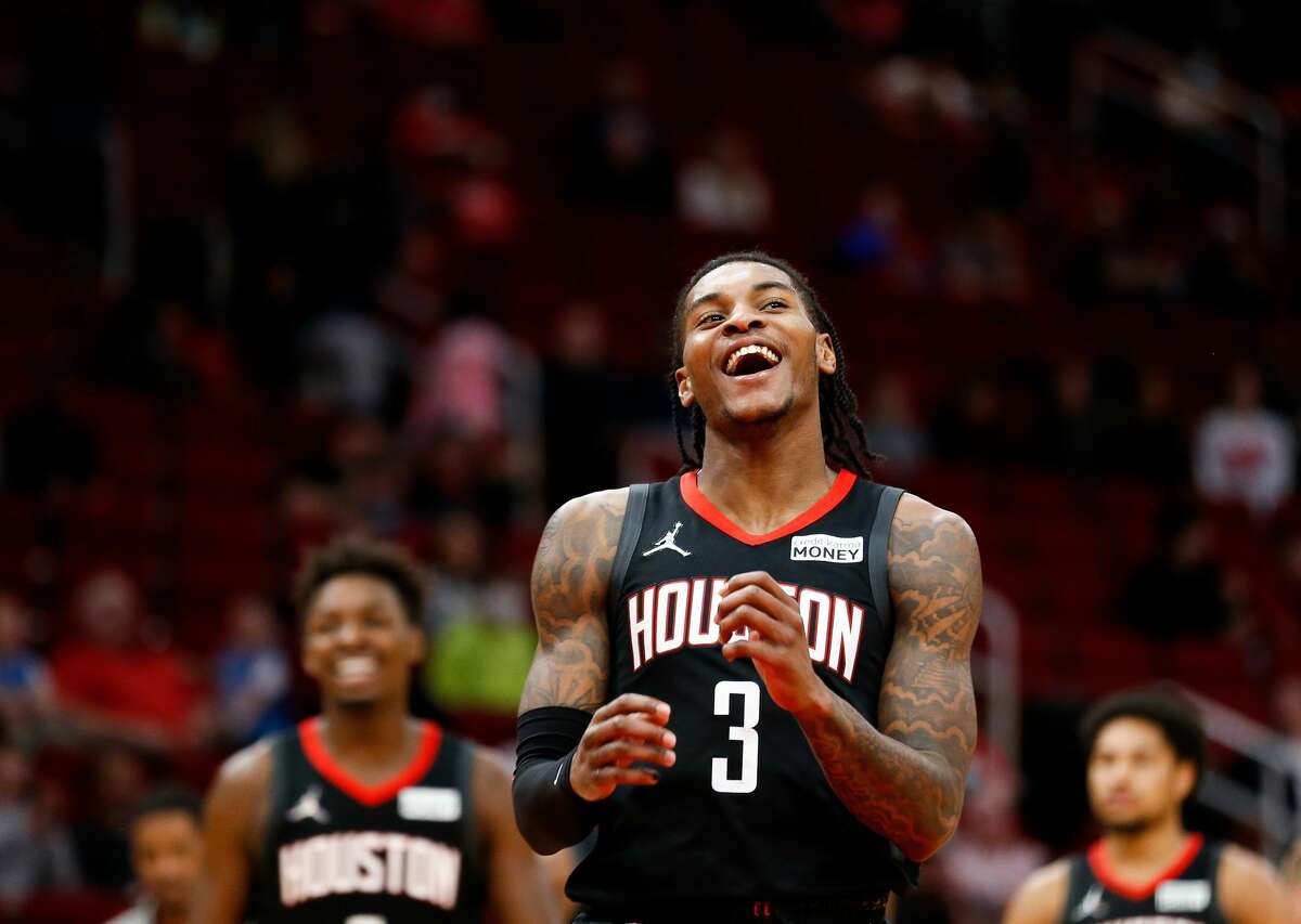 Houston Rockets guard Kevin Porter Jr. (3) reacts after not being able to keep the ball inbounds against the Oklahoma City Thunder during the fourth quarter of an NBA game at Toyota Center on Monday, Nov. 29, 2021, in Houston. The Rockets won 102-89.