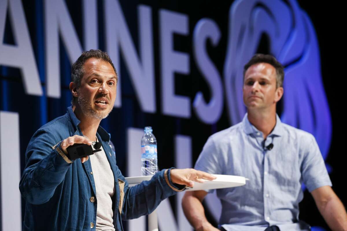 Award-Winning Photographer Platon and Global Chief Creative Officer of TBWA Chris Garbutt speak during the Cannes Lions Festival 2017 on June 24, 2017 in Cannes, France.