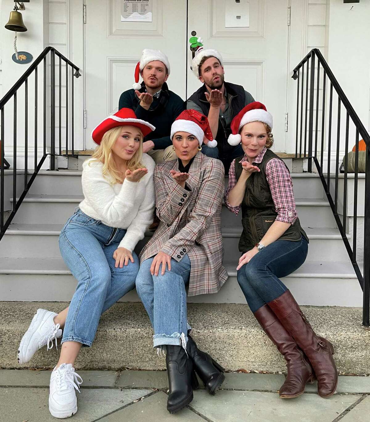 Cast members of Ivoryton Playhouse’s “A Christmas Survival Guide” are (back row, from left) Brian Michael Henry and Cory Candelet; and (front row) Emma Flynn, Corey Scheys and Adrianne Hick.