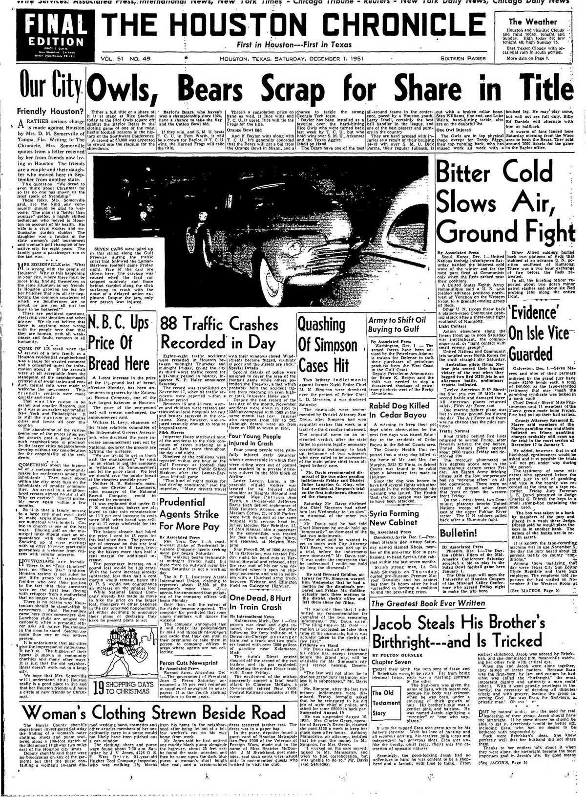 Houston Chronicle front page for Dec. 1, 1951.