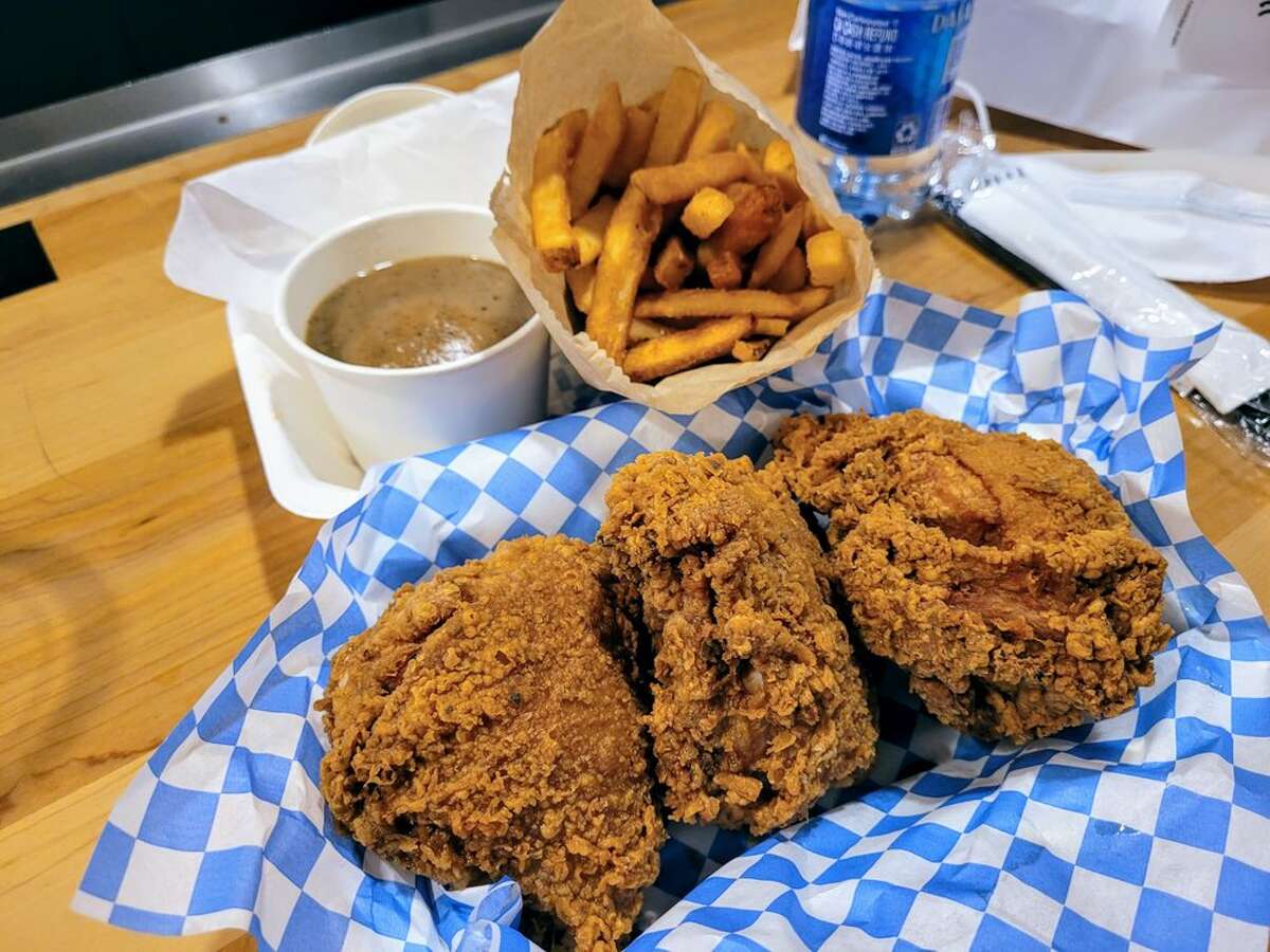 Three-piece chicken combo with mashed potatoes and gravy and fries from Cookie’s Country Chicken