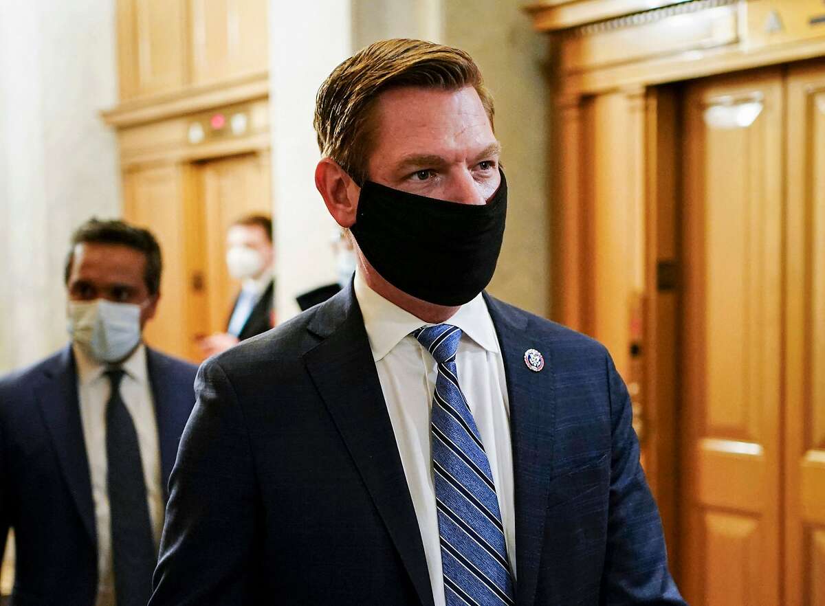 In this file photo taken on February 10, 2021, House Impeachment Manager US Representative Eric Swalwell, Democrat of California, departs after roceedings in the impeachment trial of former US President Donald Trump, at the US Capitol.