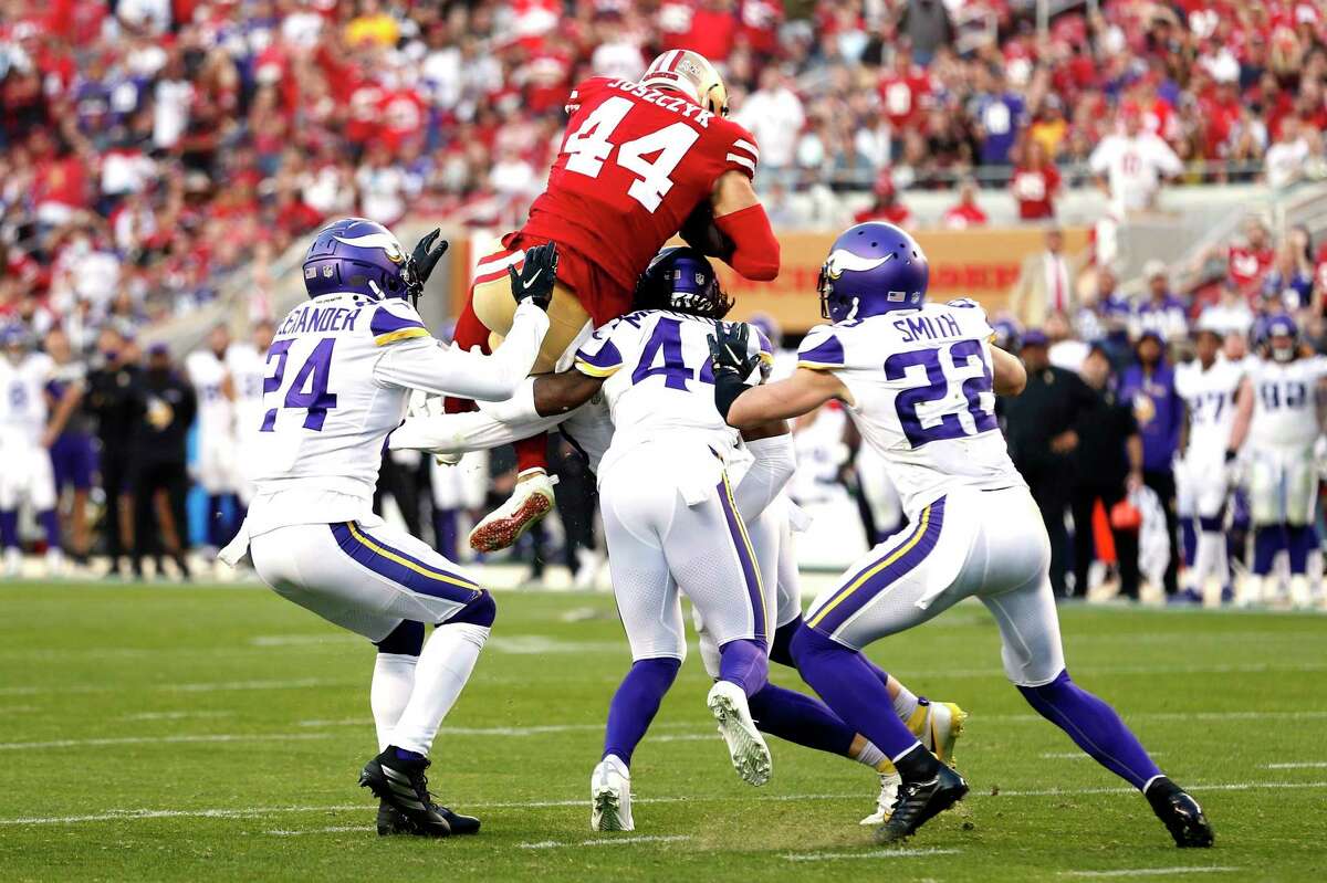 Kyle Juszczyk Hurdles Up and Over Defender for the First Down