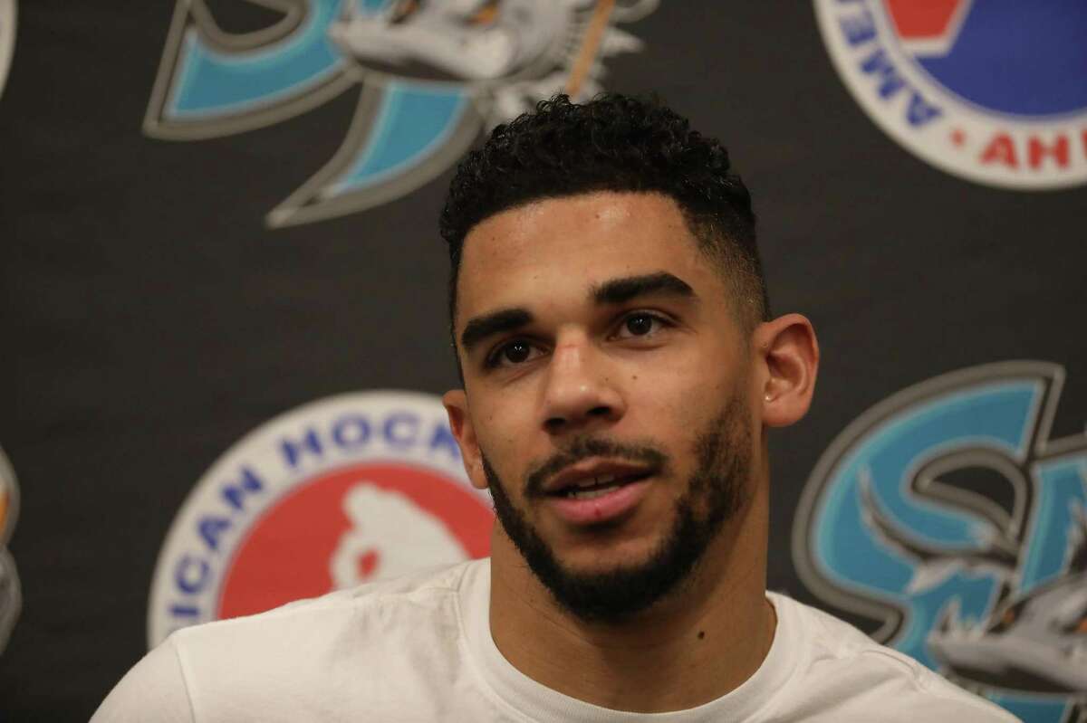 Evander Kane answers questions from the media in a conference room after practice with the San Jose Barracuda at Solar 4America Ice on Tuesday, November 30, 2021 in San Jose, Calif.