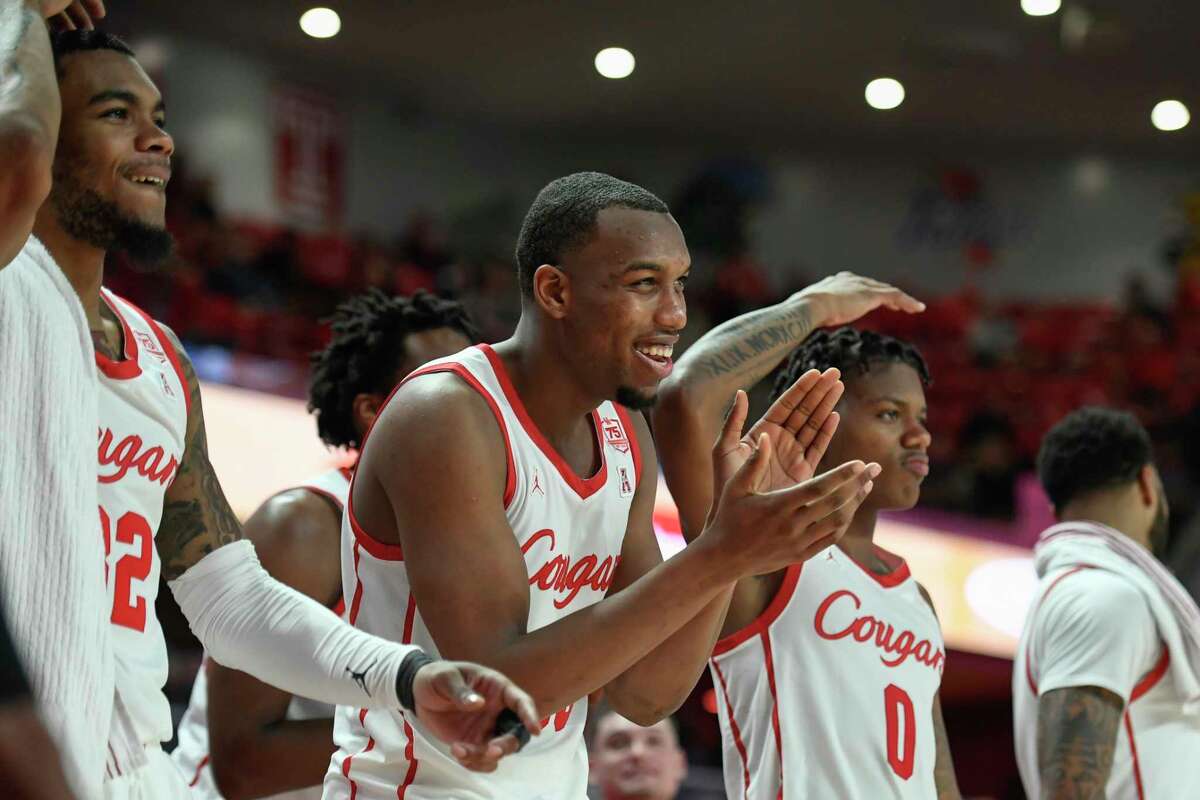 Fahian White Jr. (center) and Marcus Sasser (0) are among three players with Houston ties invited to the NBA G League Elite Camp.