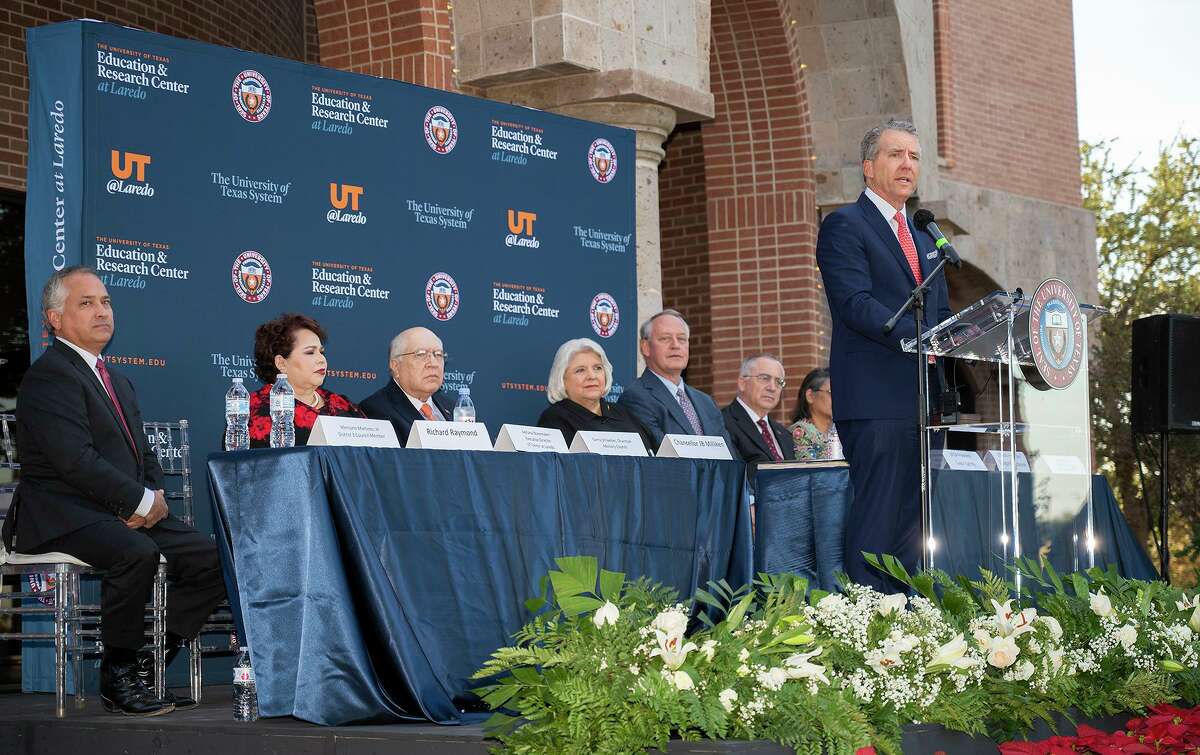 Chancellor of The University of Texas System James B. Milliken is pictured on stage in front of local dignitaries and UT System leadership Tuesday, Nov. 30, 2021 at the UT Education and Research Center at Laredo.